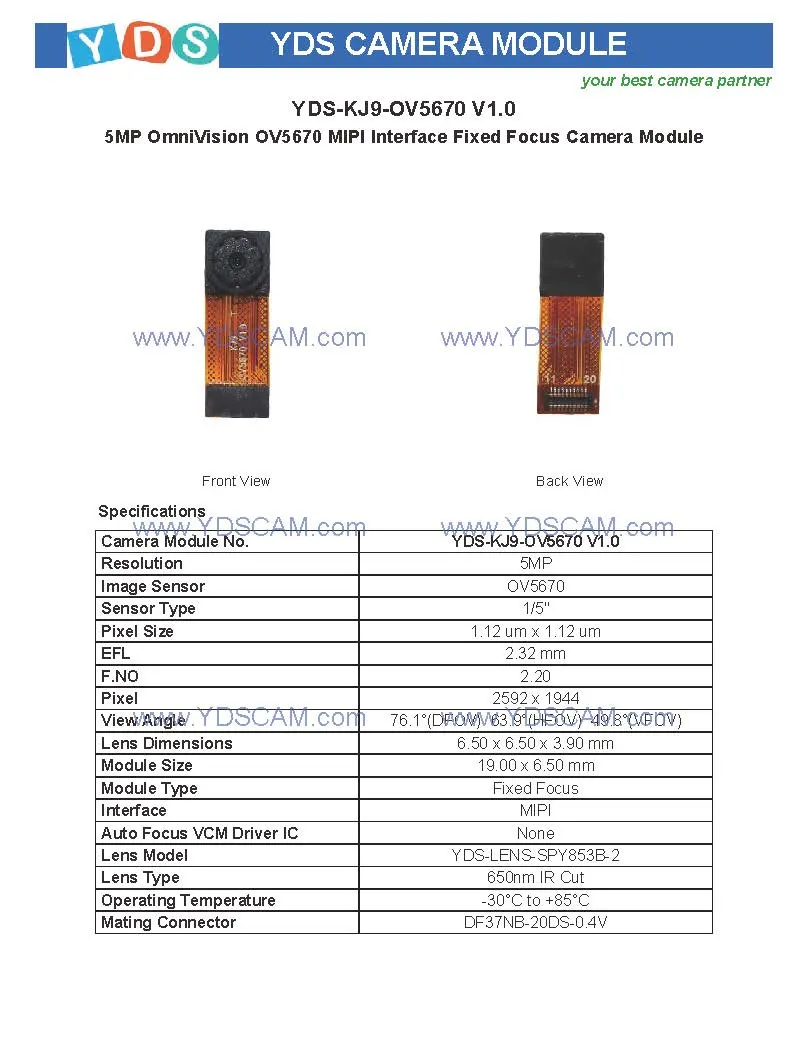 Yds-Kj9-Ov5670 V1.0 5MP Ov5670 Mipi Interface Fixed Focus Camera Module