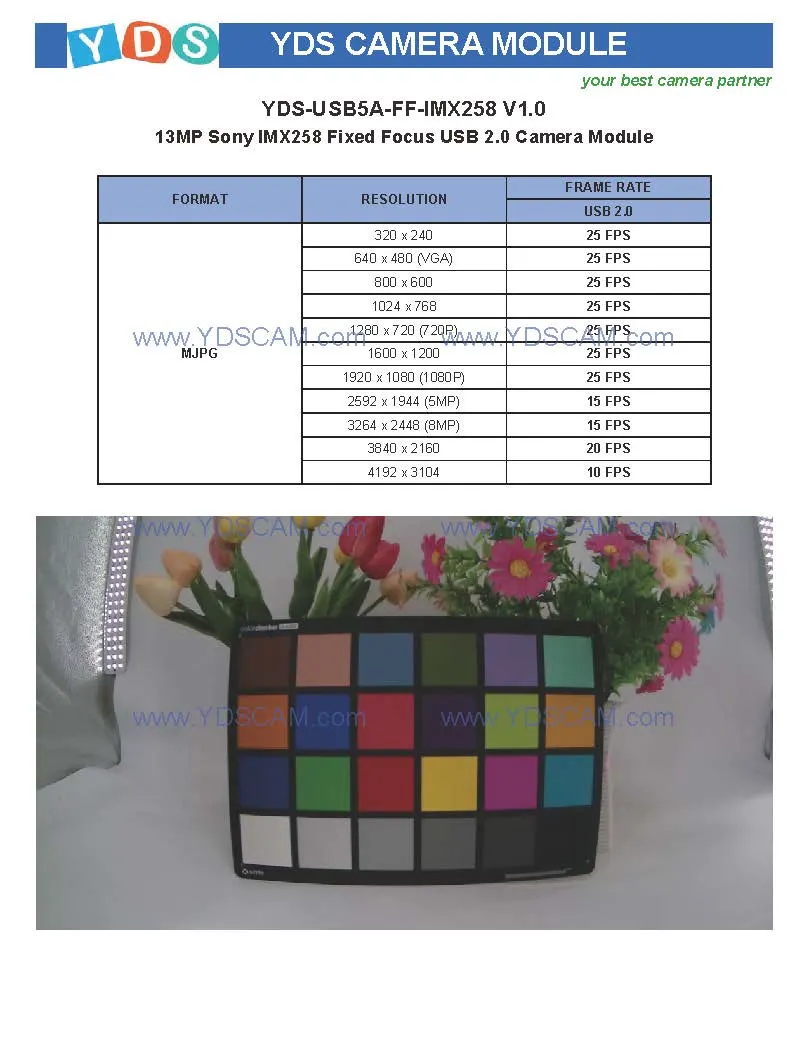 Yds-USB5a-FF-Imx258 V1.0 13MP Imx258 Fixed Focus USB 2.0 Camera Module