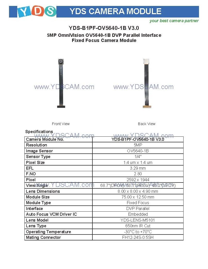 Yds-B1PF-Ov5640-1b V3.0 5MP Ov5640-1b Dvp Parallel Interface Fixed Focus Camera Module