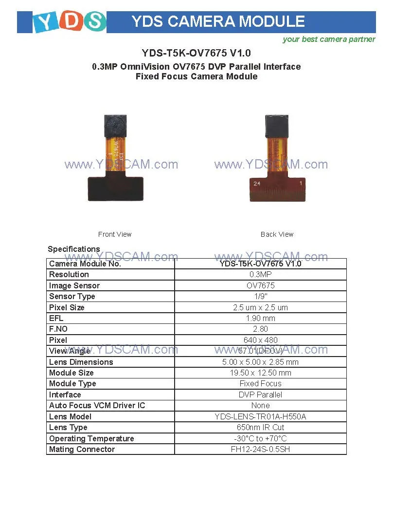 Yds-T5K-Ov7675 V1.0 0.3MP Ov7675 Dvp Parallel Interface Fixed Focus Camera Module