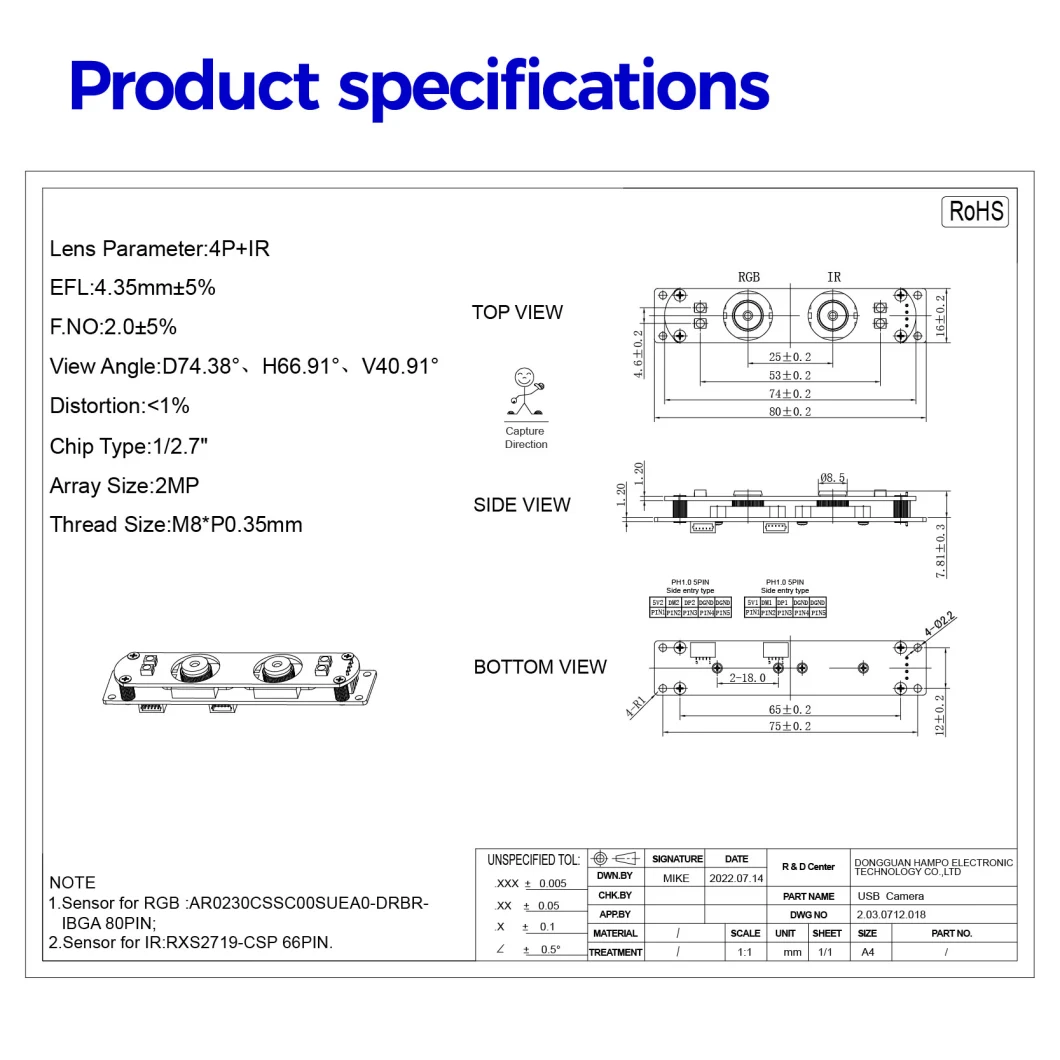 USB Wide Dynamic HD Face Recognition 2 MP Pixel Binocular Surveillance Camera Module Endoscope Module