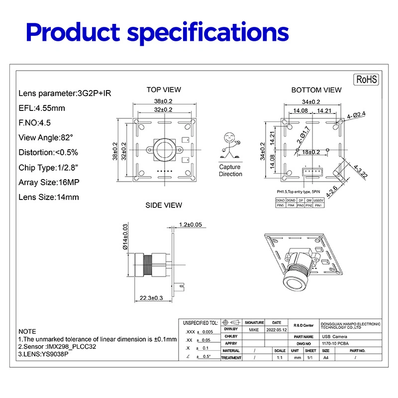 High Quality 16MP Imx298 CMOS Image Sensor USB Document Scanner Camera Module with Distortionless Lens